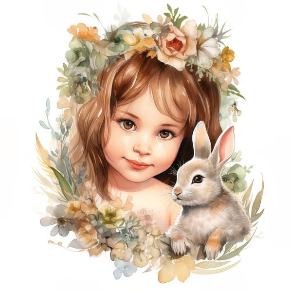 Watercolor Girl and Bunny Clipart, Easter PNG, Commercial Use (Digital Download) — image 11