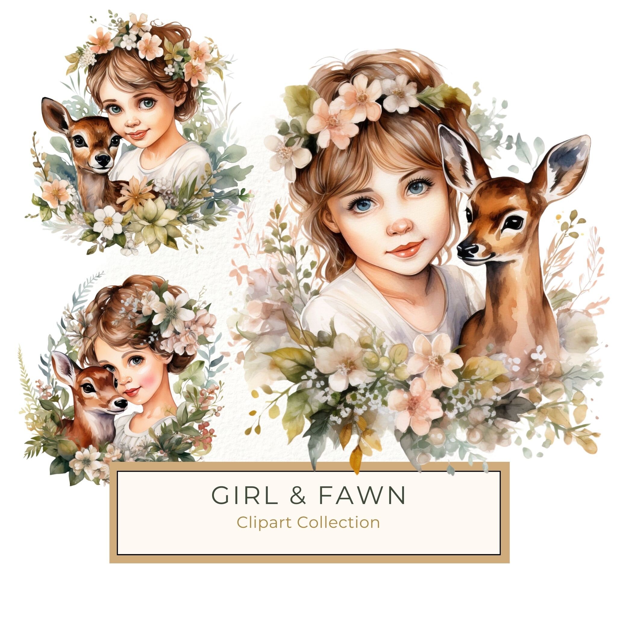 Girl and Fawn Watercolor Clipart: Floral PNG Art Prints (Commercial Use)