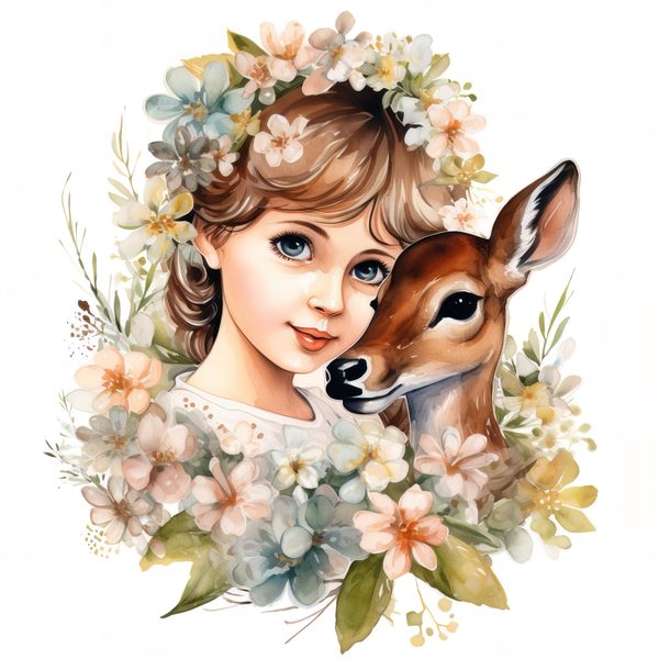 Girl and Fawn Watercolor Clipart: Floral PNG Art Prints (Commercial Use) — image 1