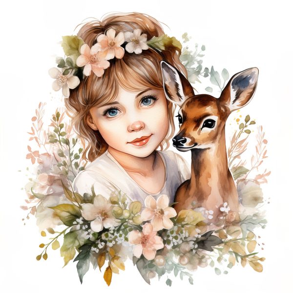 Girl and Fawn Watercolor Clipart: Floral PNG Art Prints (Commercial Use) — image 2