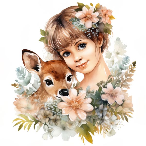 Girl and Fawn Watercolor Clipart: Floral PNG Art Prints (Commercial Use) — image 3