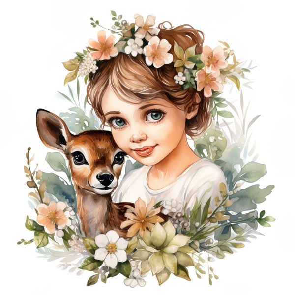 Girl and Fawn Watercolor Clipart: Floral PNG Art Prints (Commercial Use) — image 4