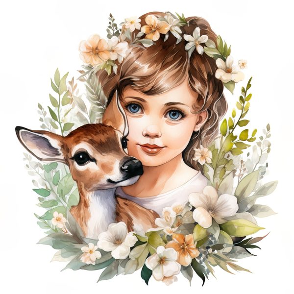 Girl and Fawn Watercolor Clipart: Floral PNG Art Prints (Commercial Use) — image 5