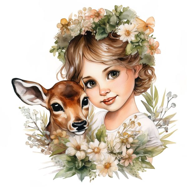 Girl and Fawn Watercolor Clipart: Floral PNG Art Prints (Commercial Use) — image 6