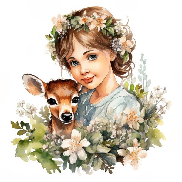 Girl and Fawn Watercolor Clipart: Floral PNG Art Prints (Commercial Use) — image 7