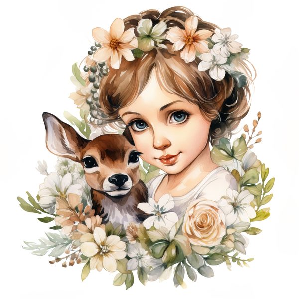 Girl and Fawn Watercolor Clipart: Floral PNG Art Prints (Commercial Use) — image 8