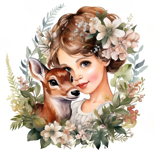 Girl and Fawn Watercolor Clipart: Floral PNG Art Prints (Commercial Use) — image 9