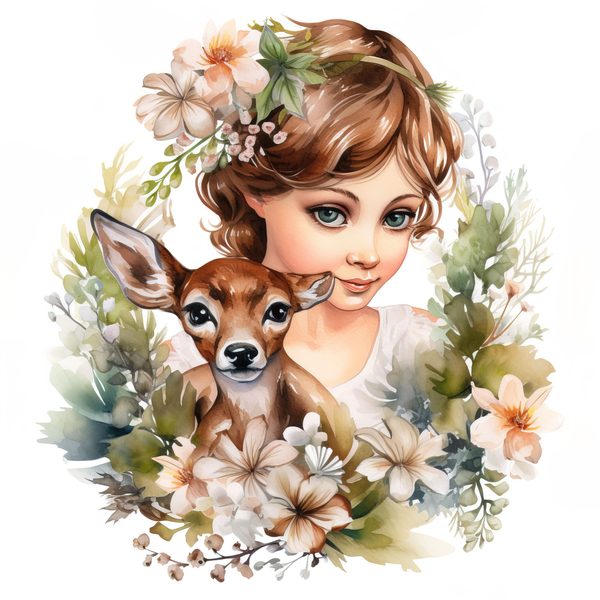 Girl and Fawn Watercolor Clipart: Floral PNG Art Prints (Commercial Use) — image 10