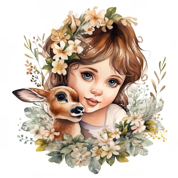 Girl and Fawn Watercolor Clipart: Floral PNG Art Prints (Commercial Use) — image 11