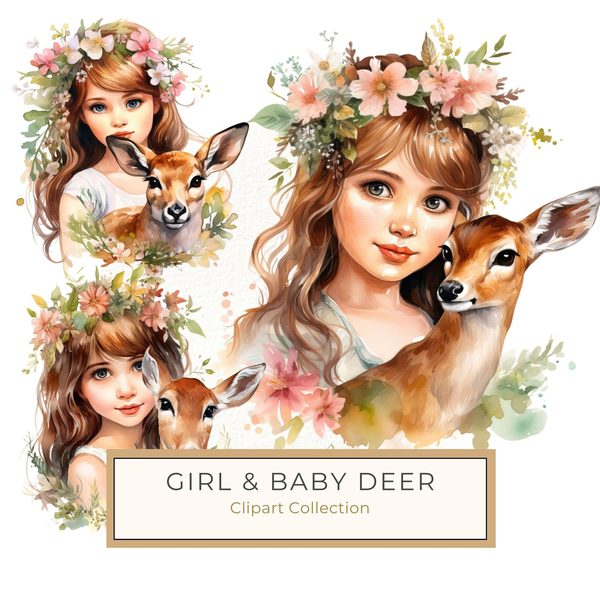 Girl and Deer Clip Art Set: Cottagecore Floral Nursery Decor (Digital Download)