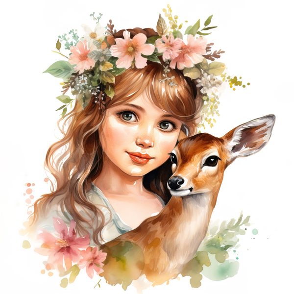 Girl and Deer Clip Art Set: Cottagecore Floral Nursery Decor (Digital Download) — image 1