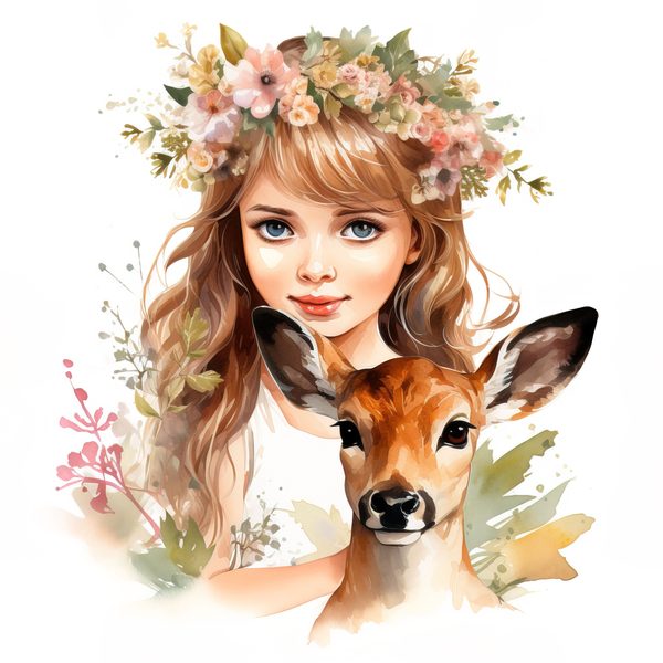 Girl and Deer Clip Art Set: Cottagecore Floral Nursery Decor (Digital Download) — image 2