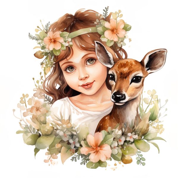 Girl and Deer Clip Art Set: Cottagecore Floral Nursery Decor (Digital Download) — image 3