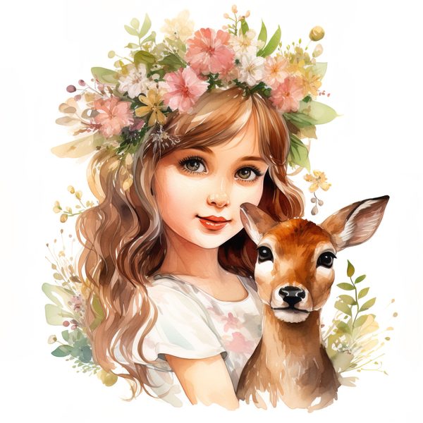 Girl and Deer Clip Art Set: Cottagecore Floral Nursery Decor (Digital Download) — image 4