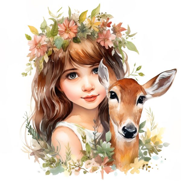 Girl and Deer Clip Art Set: Cottagecore Floral Nursery Decor (Digital Download) — image 5