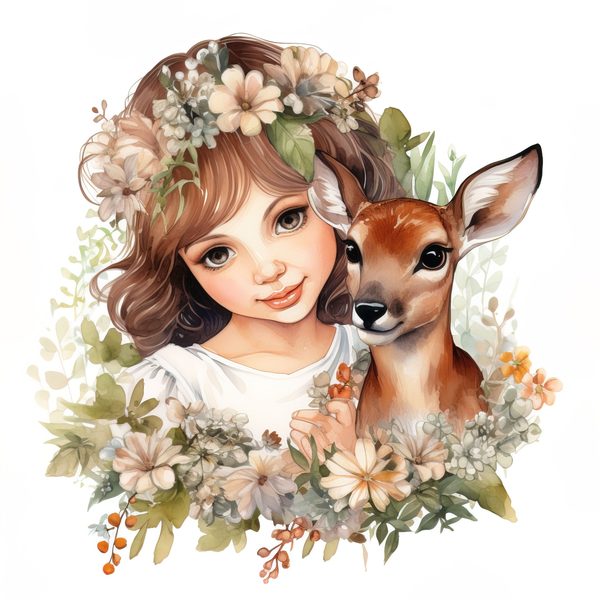Girl and Deer Clip Art Set: Cottagecore Floral Nursery Decor (Digital Download) — image 6