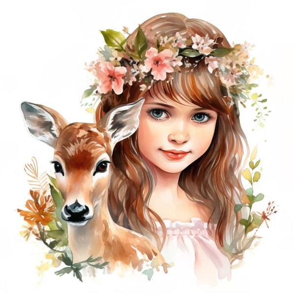 Girl and Deer Clip Art Set: Cottagecore Floral Nursery Decor (Digital Download) — image 7