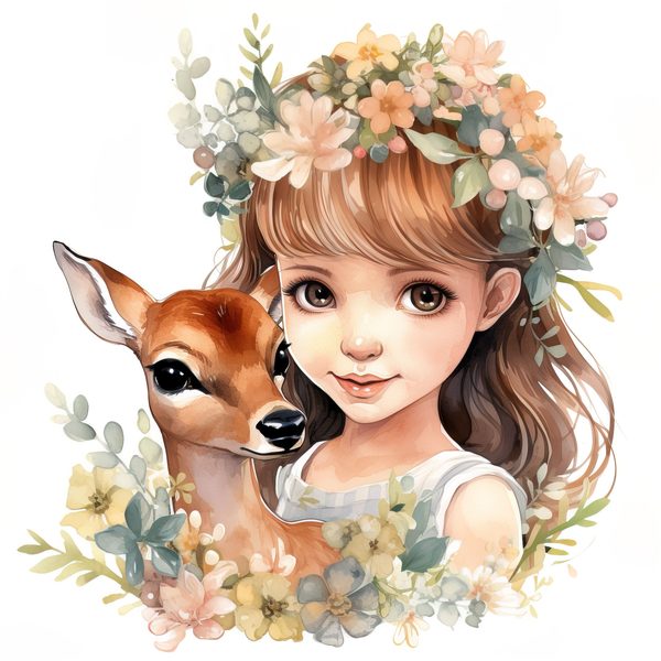Girl and Deer Clip Art Set: Cottagecore Floral Nursery Decor (Digital Download) — image 8