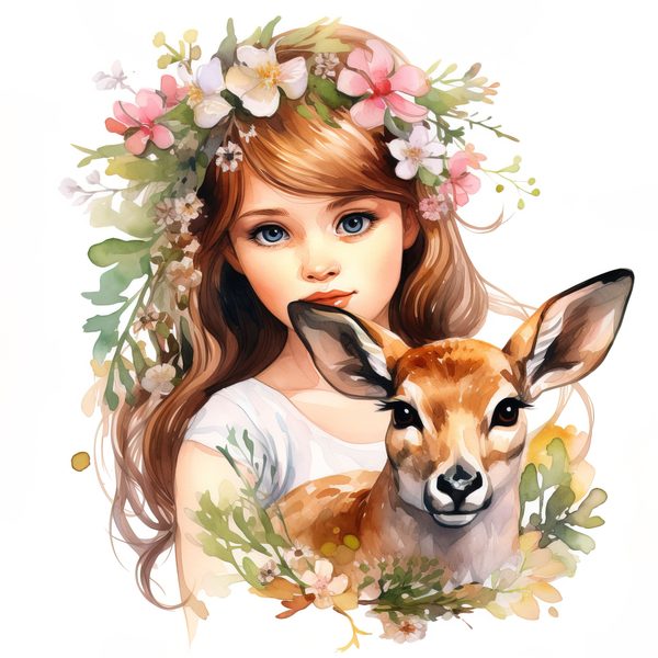 Girl and Deer Clip Art Set: Cottagecore Floral Nursery Decor (Digital Download) — image 9
