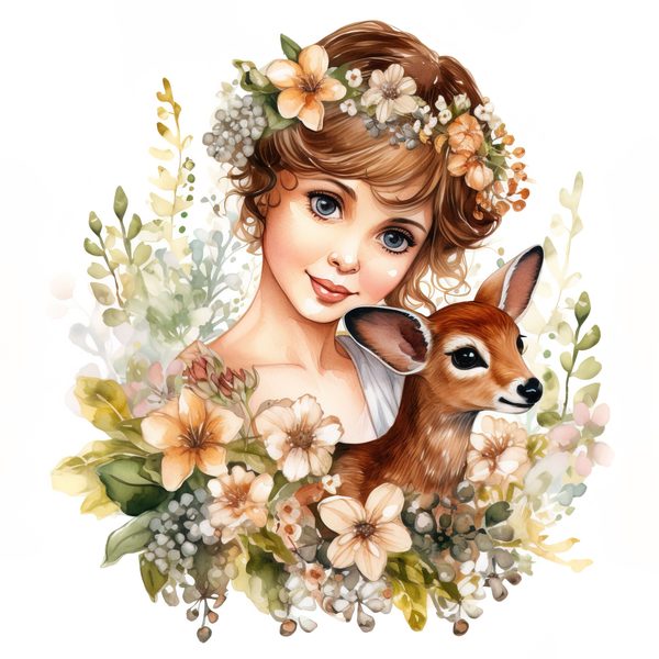 Girl and Deer Clip Art Set: Cottagecore Floral Nursery Decor (Digital Download) — image 10