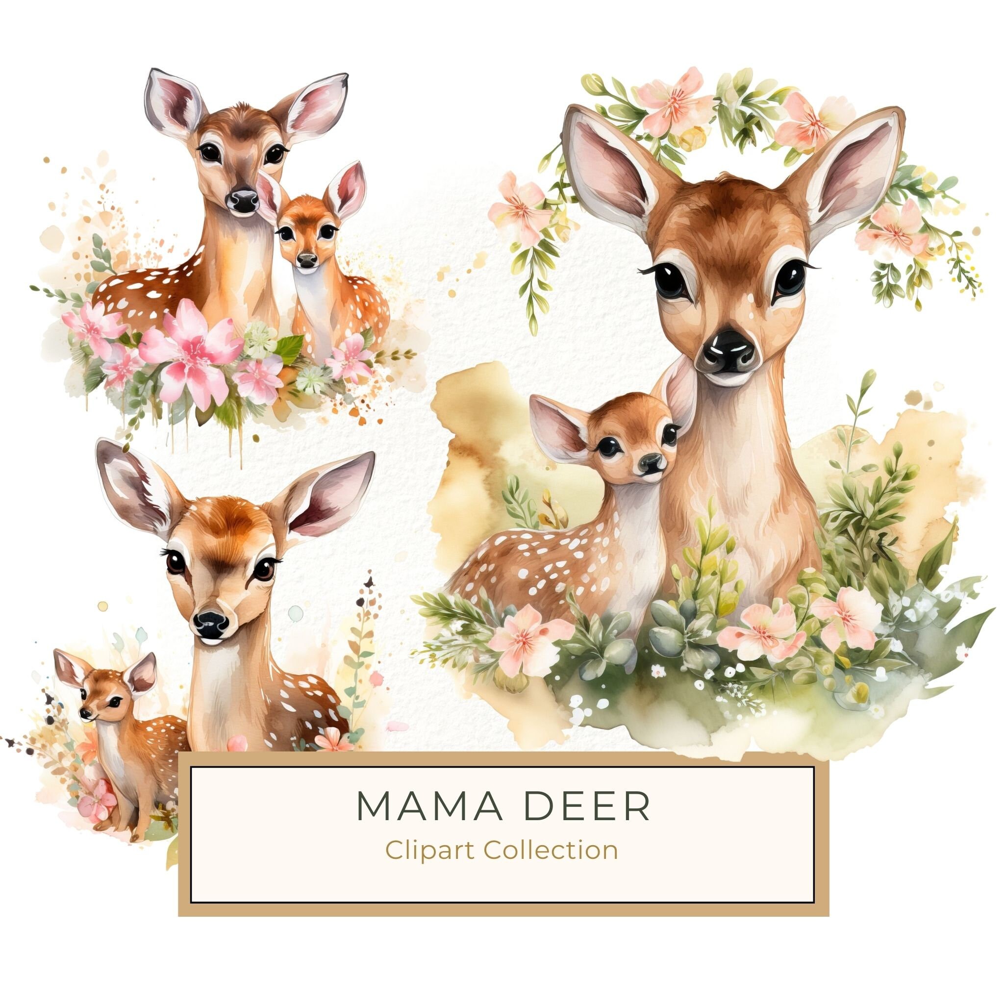 Mother Deer and Baby Floral Clipart, Watercolor Animal Illustration (Digital Download)