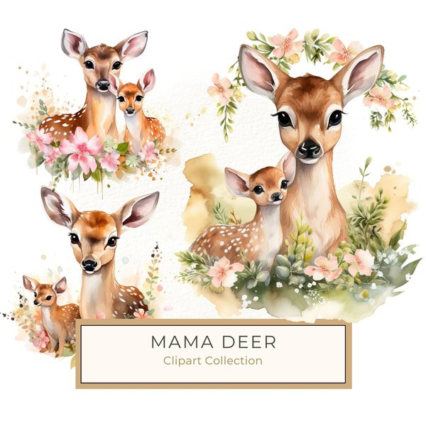 Mother Deer and Baby Floral Clipart, Watercolor Animal Illustration (Digital Download)