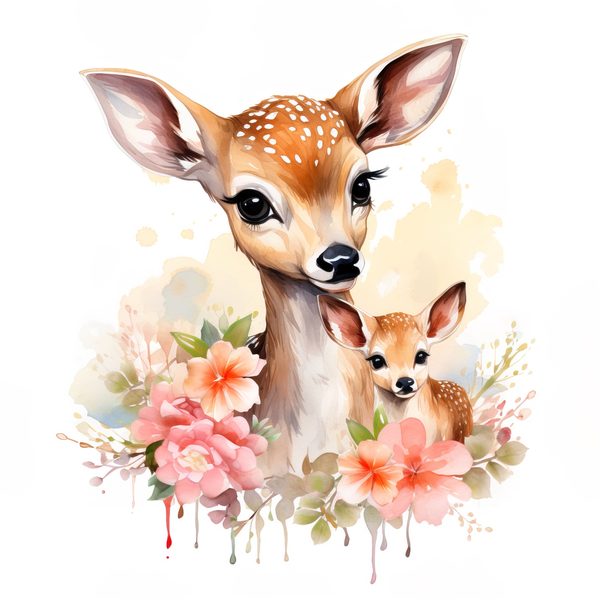 Mother Deer and Baby Floral Clipart, Watercolor Animal Illustration (Digital Download) — image 1