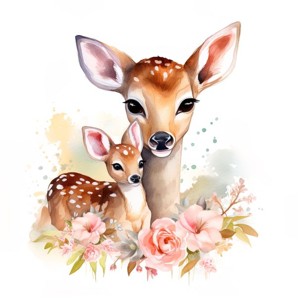 Mother Deer and Baby Floral Clipart, Watercolor Animal Illustration (Digital Download) — image 2