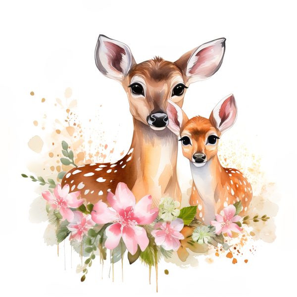 Mother Deer and Baby Floral Clipart, Watercolor Animal Illustration (Digital Download) — image 3