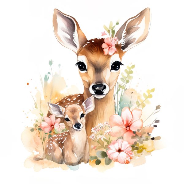 Mother Deer and Baby Floral Clipart, Watercolor Animal Illustration (Digital Download) — image 4