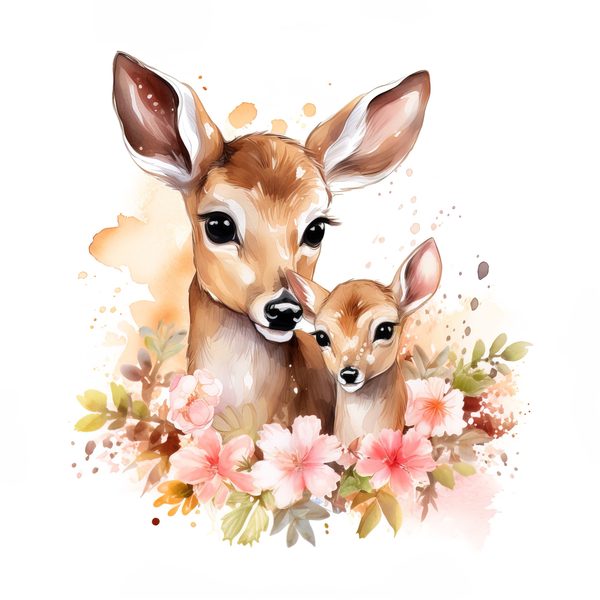 Mother Deer and Baby Floral Clipart, Watercolor Animal Illustration (Digital Download) — image 5