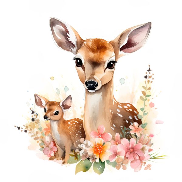 Mother Deer and Baby Floral Clipart, Watercolor Animal Illustration (Digital Download) — image 6