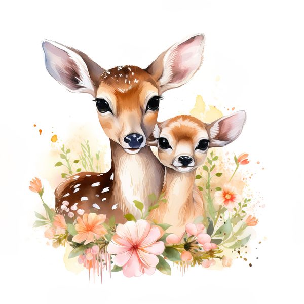 Mother Deer and Baby Floral Clipart, Watercolor Animal Illustration (Digital Download) — image 7