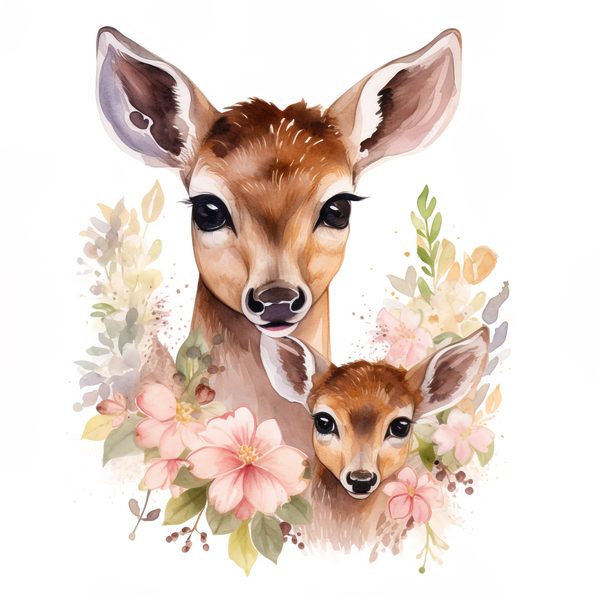 Mother Deer and Baby Floral Clipart, Watercolor Animal Illustration (Digital Download) — image 8