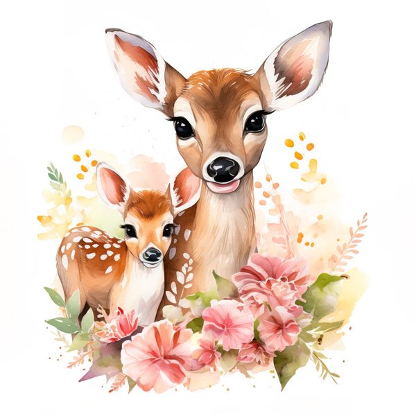Mother Deer and Baby Floral Clipart, Watercolor Animal Illustration (Digital Download) — image 10