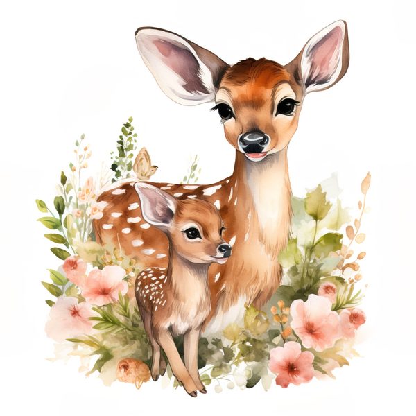 Mother Deer and Baby Floral Clipart, Watercolor Animal Illustration (Digital Download) — image 11
