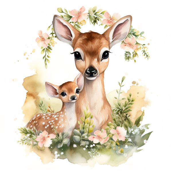 Mother Deer and Baby Floral Clipart, Watercolor Animal Illustration (Digital Download) — image 12