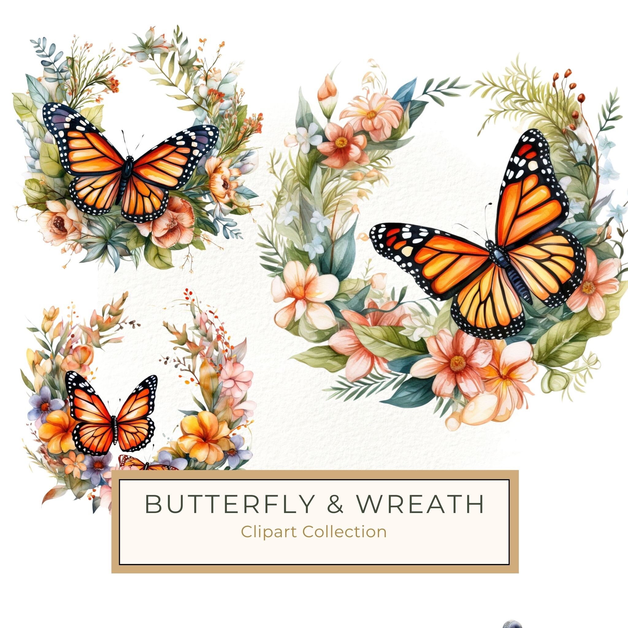 Monarch Butterfly Clipart: Watercolor Wreath PNG JPG (Digital Download)