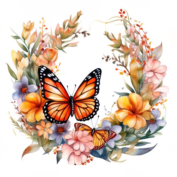Monarch Butterfly Clipart: Watercolor Wreath PNG JPG (Digital Download) — image 1