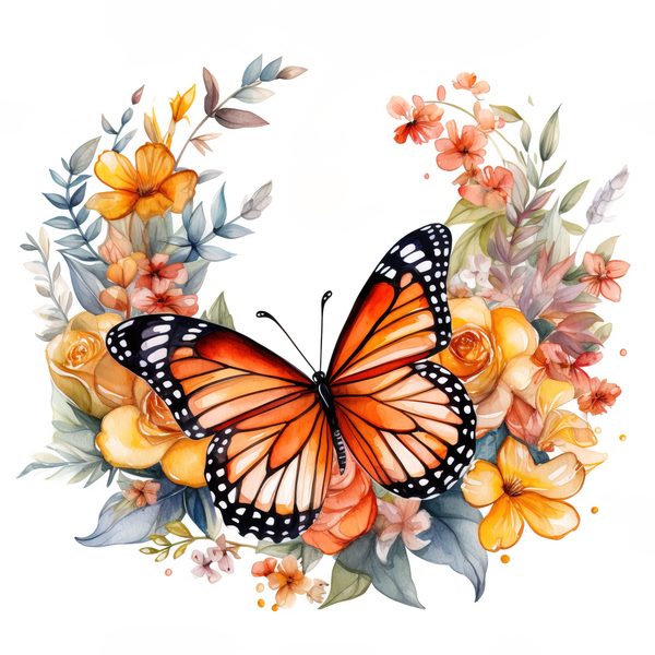 Monarch Butterfly Clipart: Watercolor Wreath PNG JPG (Digital Download) — image 2