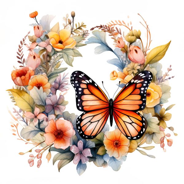 Monarch Butterfly Clipart: Watercolor Wreath PNG JPG (Digital Download) — image 3