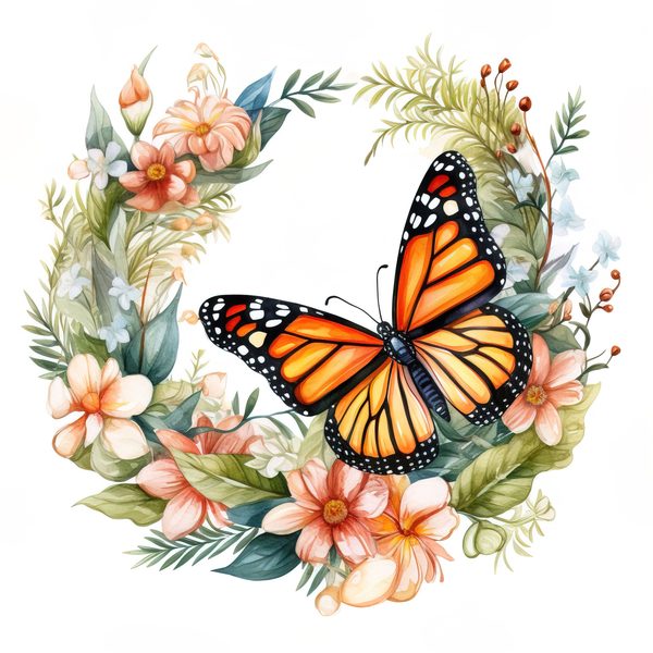 Monarch Butterfly Clipart: Watercolor Wreath PNG JPG (Digital Download) — image 4