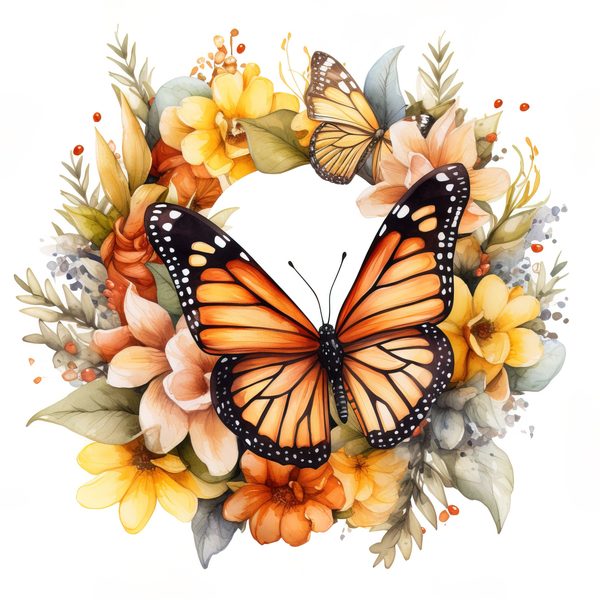 Monarch Butterfly Clipart: Watercolor Wreath PNG JPG (Digital Download) — image 5