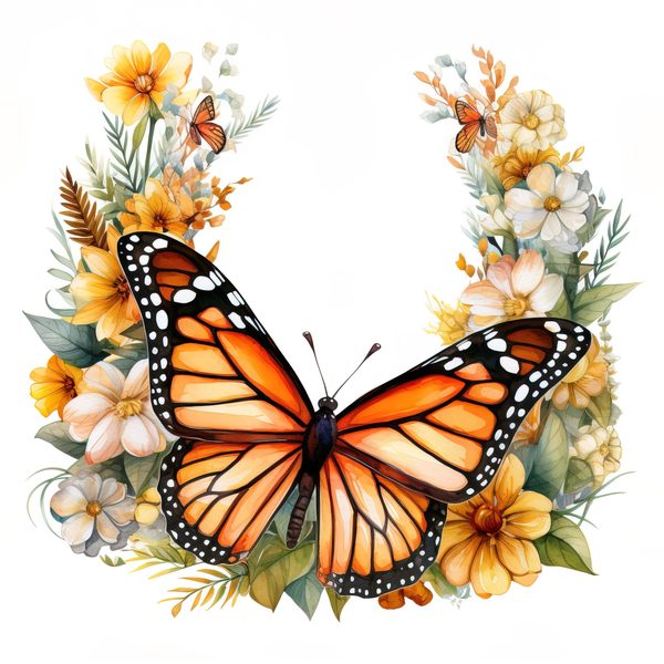 Monarch Butterfly Clipart: Watercolor Wreath PNG JPG (Digital Download) — image 6