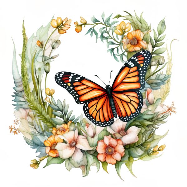 Monarch Butterfly Clipart: Watercolor Wreath PNG JPG (Digital Download) — image 7