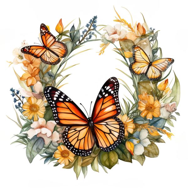 Monarch Butterfly Clipart: Watercolor Wreath PNG JPG (Digital Download) — image 8