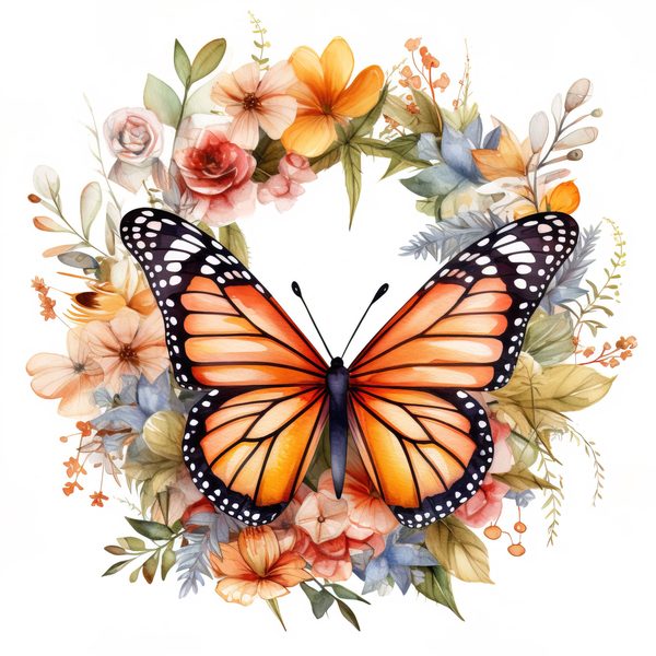 Monarch Butterfly Clipart: Watercolor Wreath PNG JPG (Digital Download) — image 9