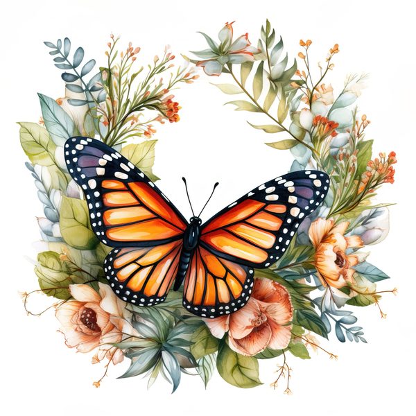 Monarch Butterfly Clipart: Watercolor Wreath PNG JPG (Digital Download) — image 10
