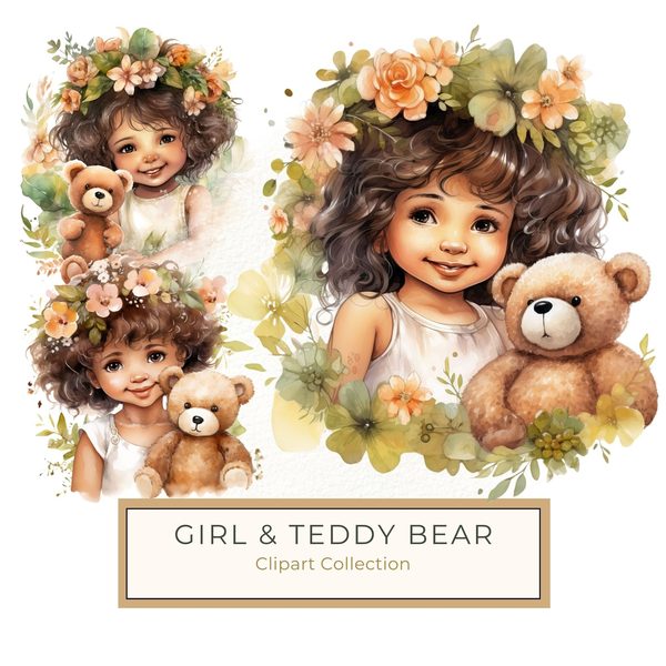 Girl and Teddy Bear Clipart: Watercolor Floral Art Prints (JPG, PNG)