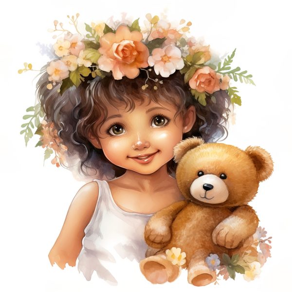 Girl and Teddy Bear Clipart: Watercolor Floral Art Prints (JPG, PNG) — image 1